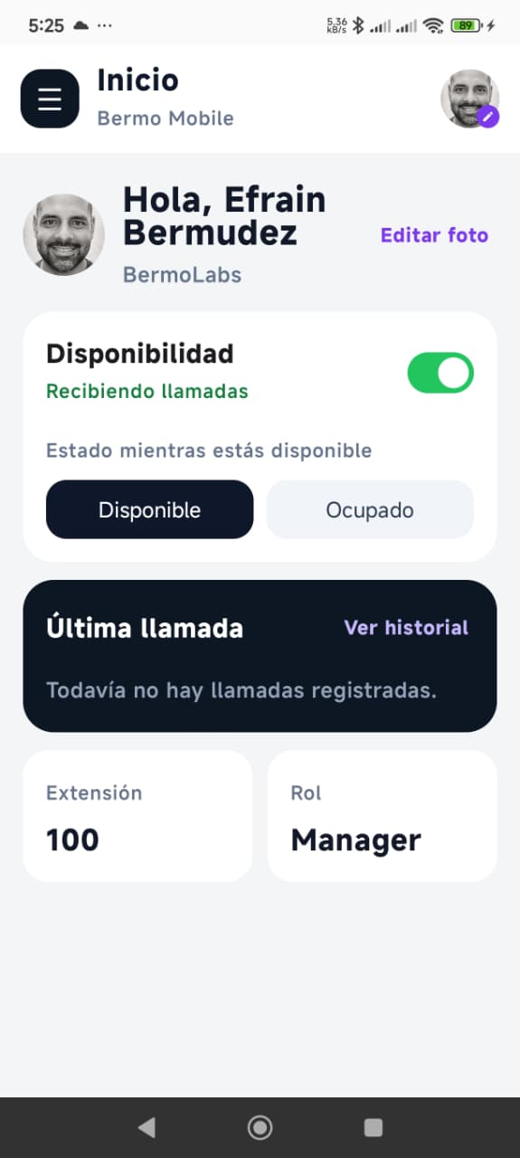 Pantalla principal real de Bermo Mobile